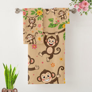 Modern Happy Good Luck Monkeys on Gold Sand Beige Bath Towel Set
