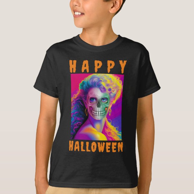 MODERN  HAPPY HALLOWEEN COLORFUL SKULL CUSTOM T-Shirt (Front)