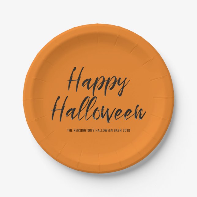 Modern Happy Halloween Embossed Black Glitter Paper Plate (Front)