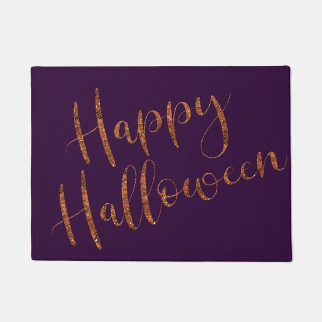 Modern Happy Halloween Orange Glitter Doormat (Front)