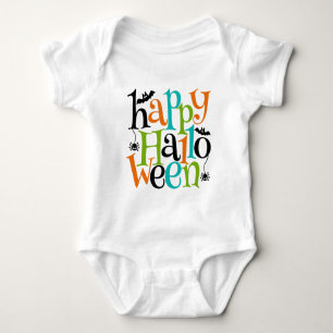 Modern Happy Halloween Typography Bats Spiders Baby Bodysuit