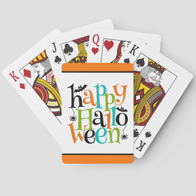 Modern Happy Halloween Typography Bats Spiders Playing Cards (Back)