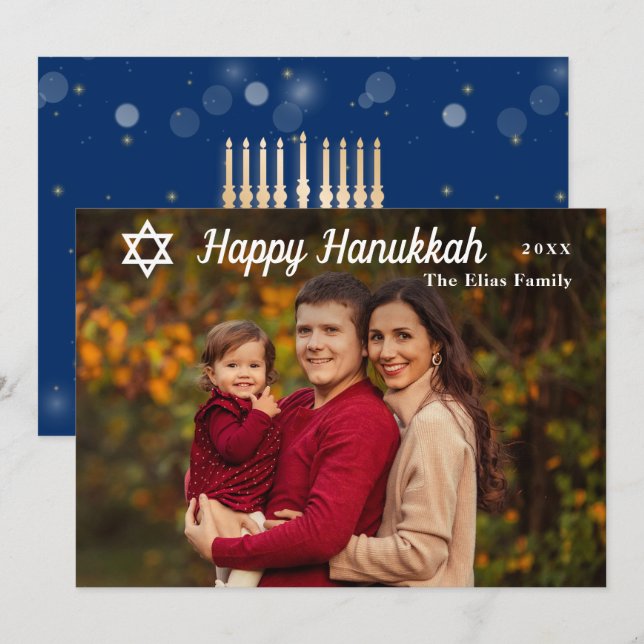 Modern Happy Hanukkah Blue and Gold Photo Holiday Card (Front/Back)