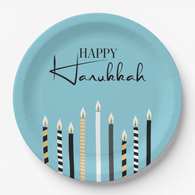 Modern Happy Hanukkah Candles Holiday Paper Plates (Front)