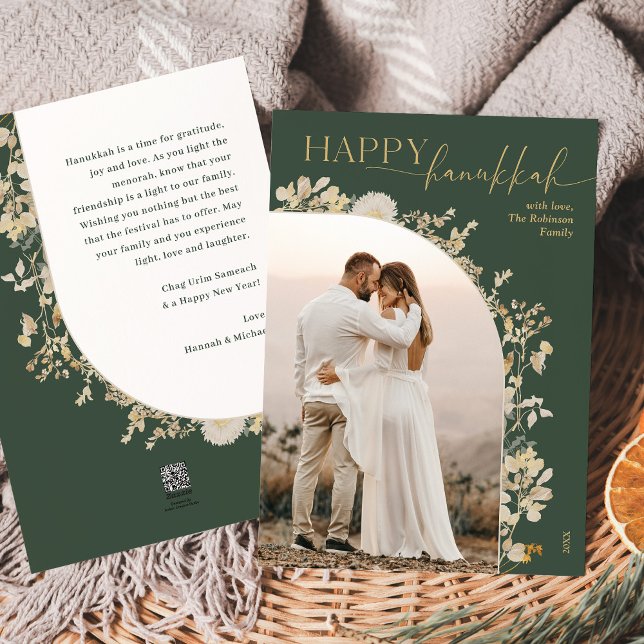 Modern Happy Hanukkah Green Gold 1 Photo  Holiday Card (Creator Uploaded)