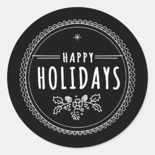 Modern Happy Holiday Round Black Christmas Sticker