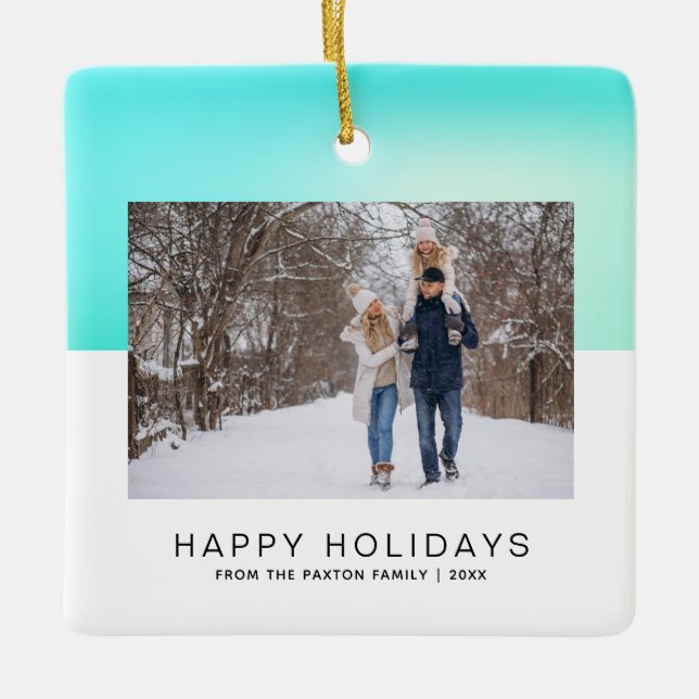 Modern Happy Holiday Two-Tone Aqua Blue Photo Ceramic Ornament (Front)
