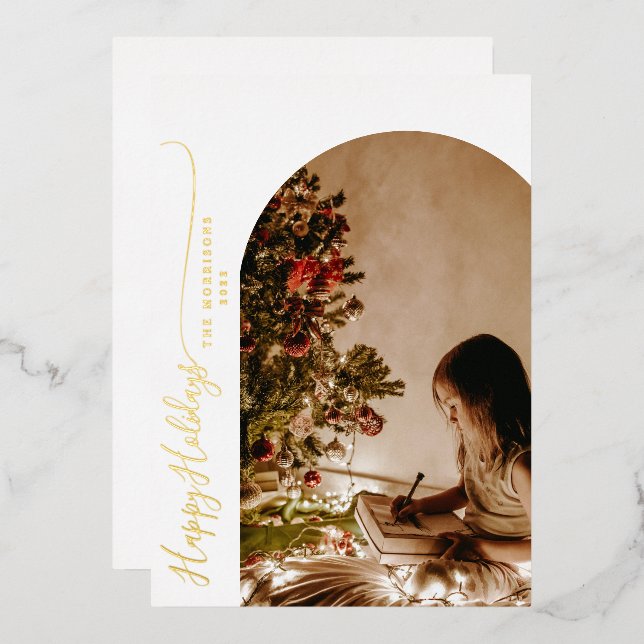 Modern Happy Holidays 2-Photo Christmas Foil Holiday Card (Front/Back)