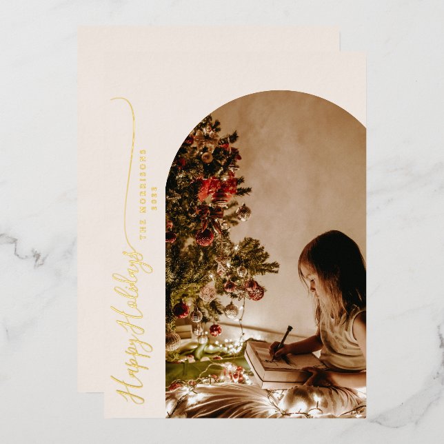 Modern Happy Holidays 2-Photo Christmas Foil Holiday Card (Front/Back)