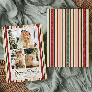 Modern Happy Holidays 3 Photo Vintage Stripes Holiday Card