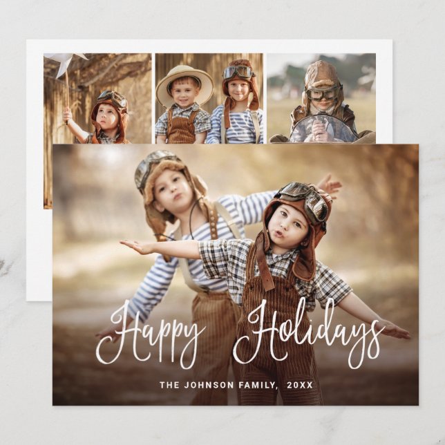 Modern Happy Holidays 4 PHOTO Christmas Greeting Holiday Card (Front/Back)