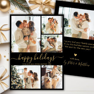 Modern Happy Holidays Black Gold 5 Photo Collage Holiday Card