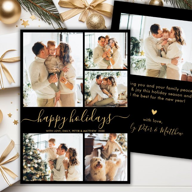 Modern Happy Holidays Black Gold 5 Photo Collage  Holiday Card (Creator Uploaded)