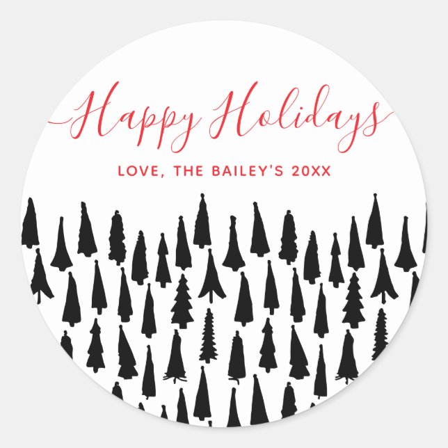 Modern Happy Holidays Black White Christmas Trees Classic Round Sticker (Front)