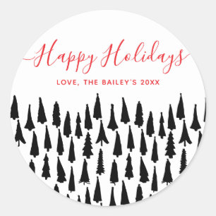 Modern Happy Holidays Black White Christmas Trees Classic Round Sticker