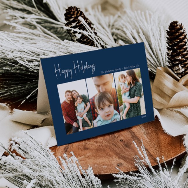 Modern Happy Holidays | Blue Folded Three-Photo Holiday Card (Creator Uploaded)