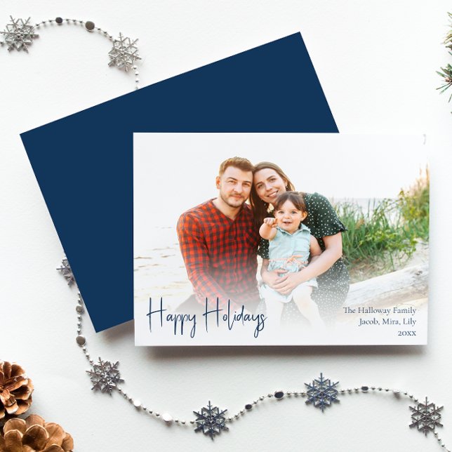 Modern Happy Holidays | Blue Full Photo Holiday Card (Creator Uploaded)