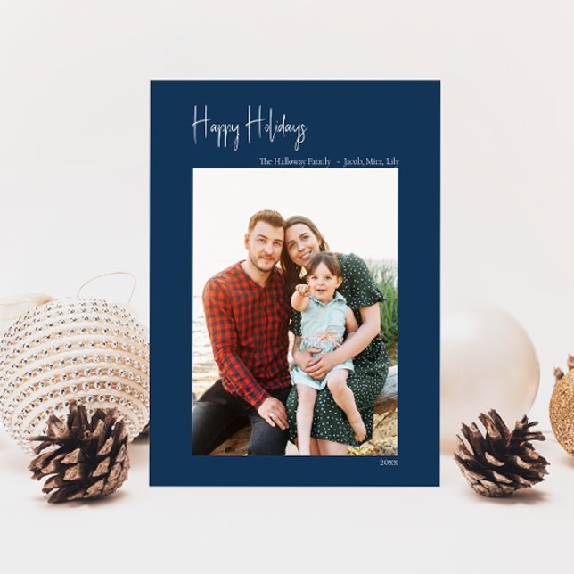Modern Happy Holidays | Blue Vertical Single Photo Holiday Card (Creator Uploaded)