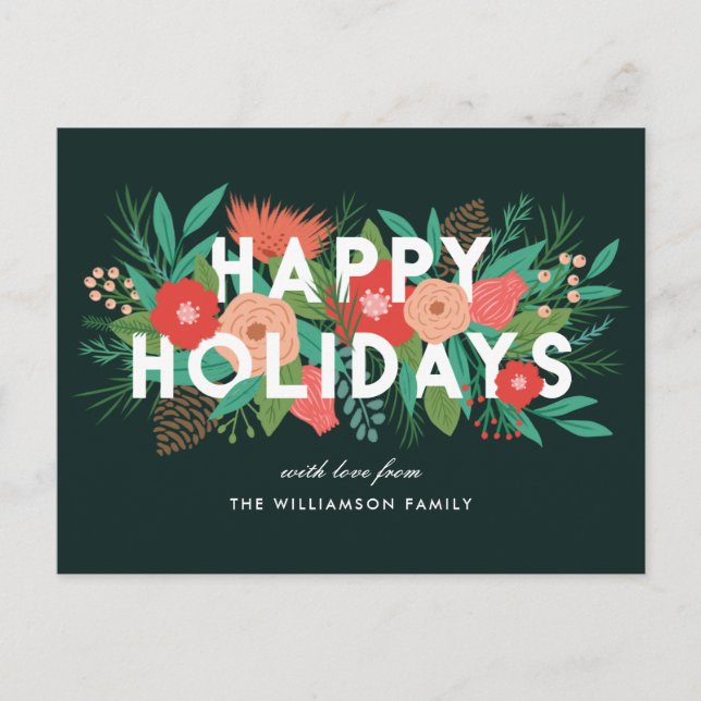 Modern Happy Holidays Bold Floral Family Name Holiday Postcard (Front)