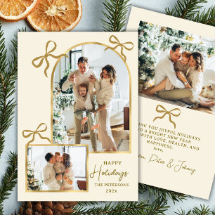 Modern Happy Holidays Bows Gold Arch 3 Photo Holiday Card
