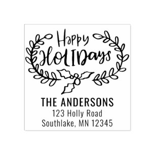 Modern Happy Holidays Brush Script Return Address Rubber Stamp
