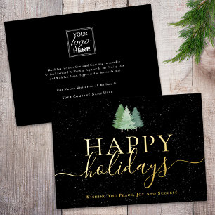 Modern Happy Holidays Business Logo Black & Gold F Foil Holiday Card