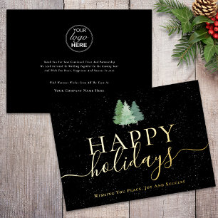 Modern Happy Holidays Business Logo Black & Gold Foil Holiday Card