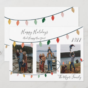 Modern Happy Holidays Christmas Lights 3 Photo Holiday Card