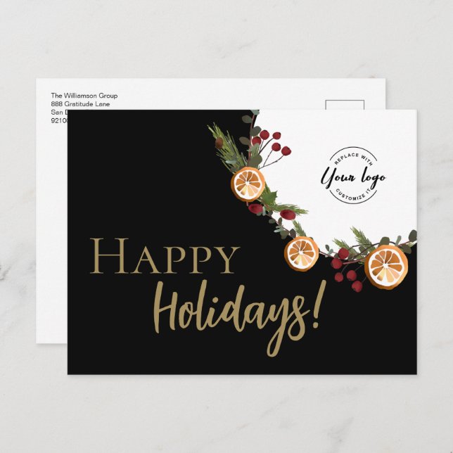 Modern Happy Holidays Custom logo Foliage Wreath Holiday Postcard (Front/Back)