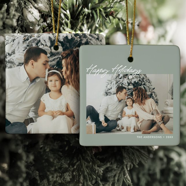 Modern Happy Holidays Custom Message 2-Photo Ceramic Ornament (Creator Uploaded)