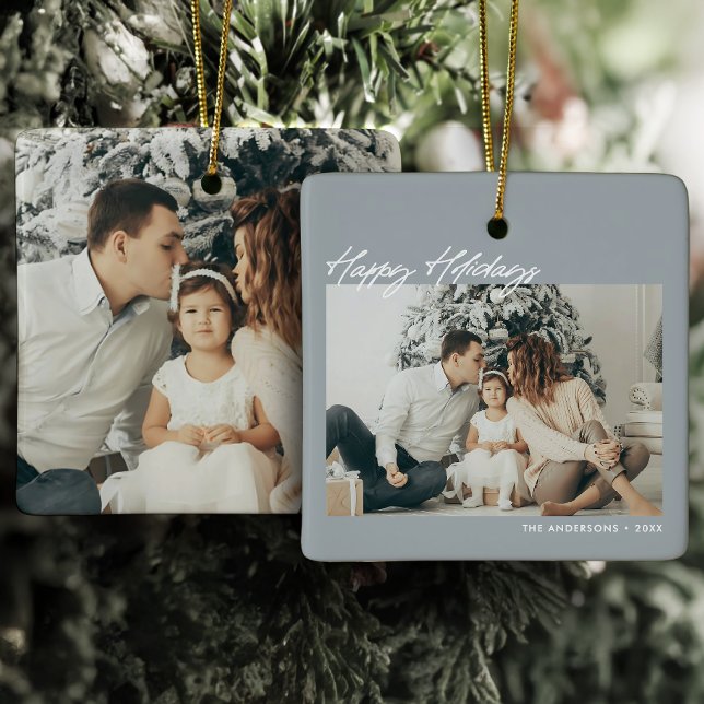 Modern Happy Holidays Custom Message 2-Photo Ceramic Ornament (Creator Uploaded)