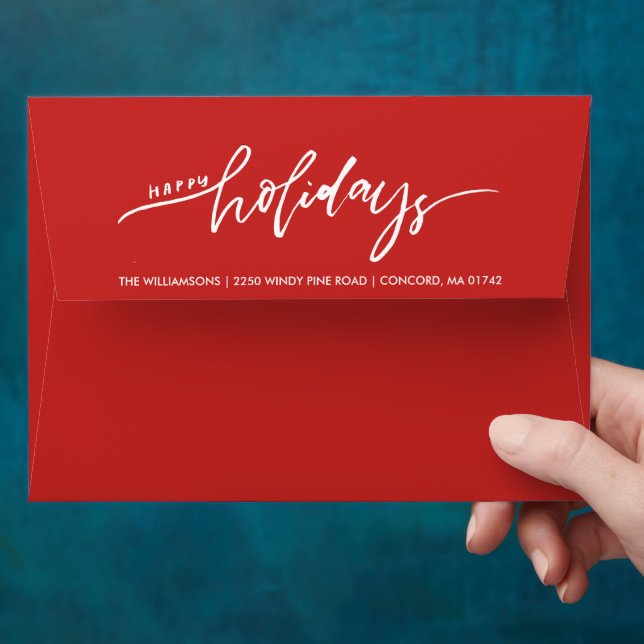 Modern Happy Holidays Custom Red Return Address Envelope (Hand)