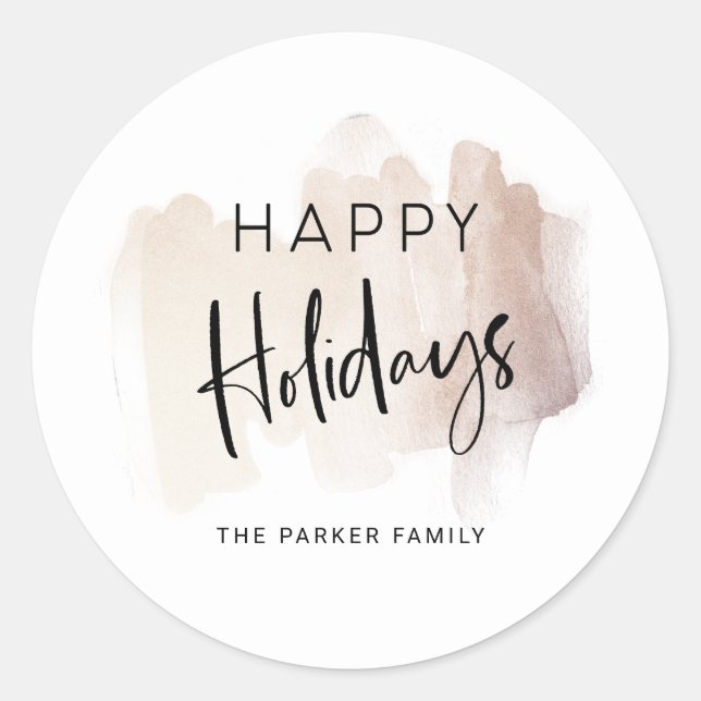 Modern Happy Holidays | Elegant Brush Stroke Classic Round Sticker (Front)