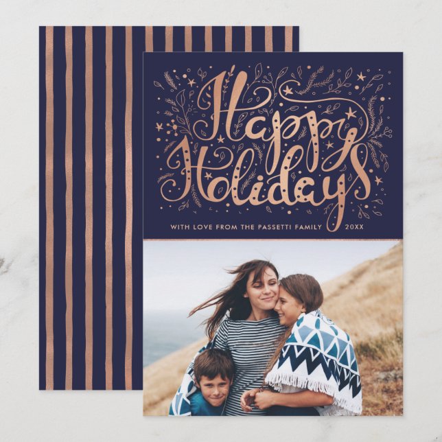 Modern Happy Holidays Gold Foil (Faux) Photo Holiday Card (Front/Back)