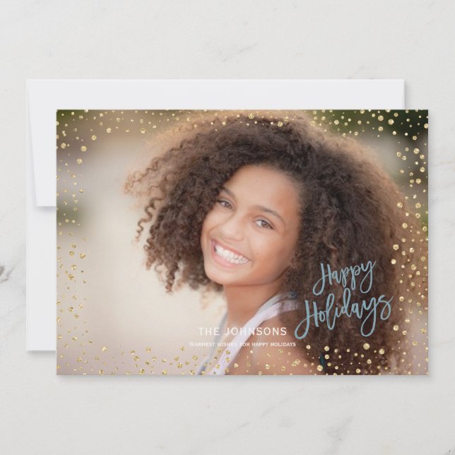 Modern Happy holidays Gold & grey blue Lettering Holiday Card (Front)