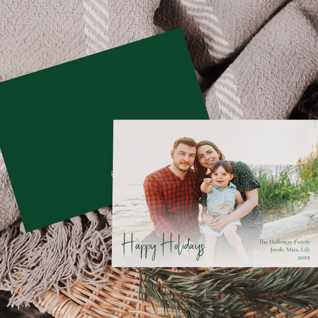 Modern Happy Holidays | Green Full Photo Holiday Card (Creator Uploaded)