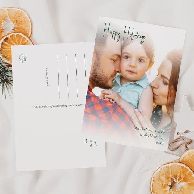 Modern Happy Holidays Green Script Vertical Photo Holiday Postcard (Creator Uploaded)