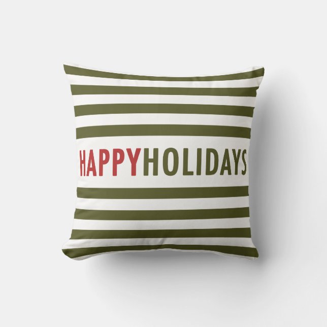 Modern Happy Holidays Green Stripes Holiday Pillow (Front)