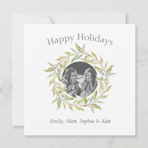 Modern Happy Holidays Greenery Wreath Photo Holiday Card