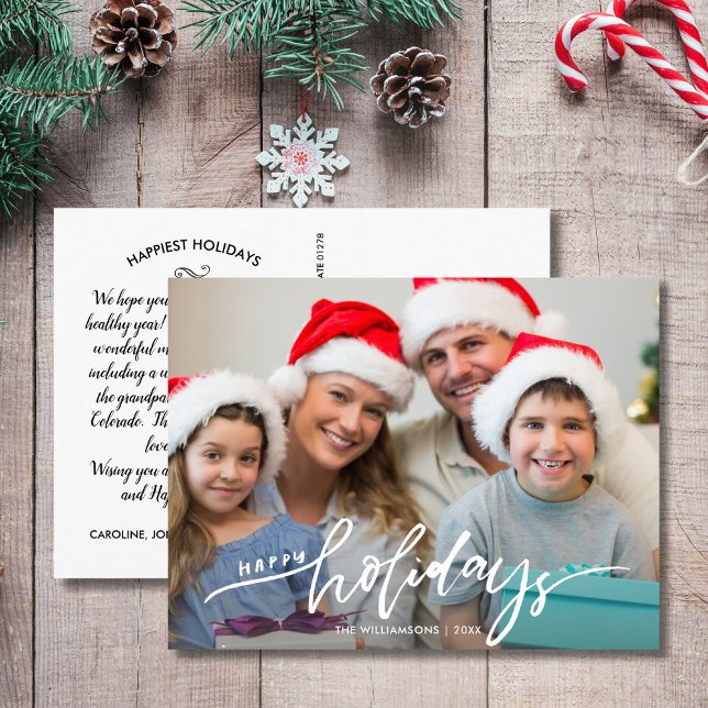 Modern Happy Holidays Hand Lettered Family Photo Postcard (Creator Uploaded)