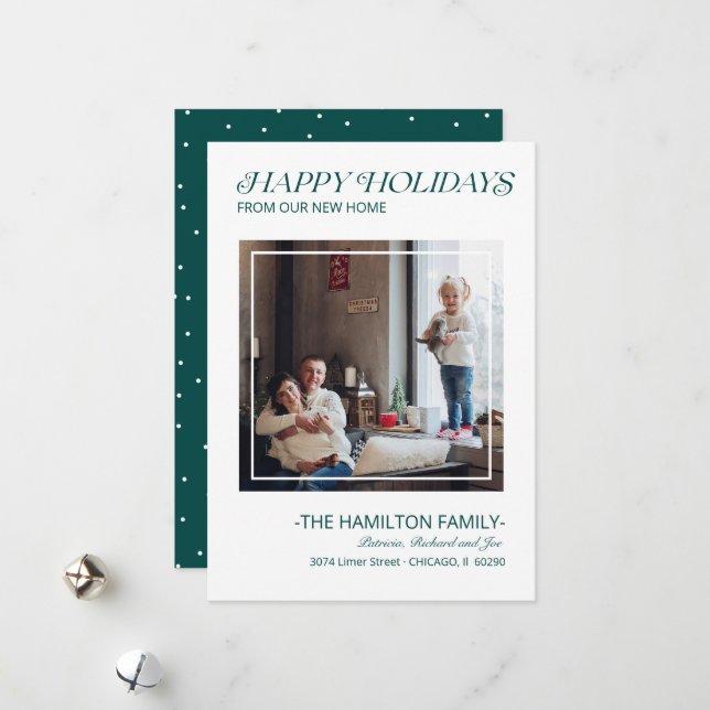 Modern Happy Holidays Moving Announcement Photo (Front/Back In Situ)