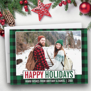 Modern Happy Holidays Photo Green Plaid Holiday Card