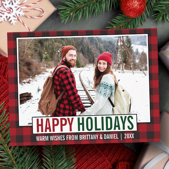 Modern Happy Holidays Photo Red Plaid Postcard (Customize to change your personalized text size or text style.)