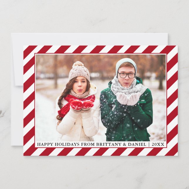 Modern Happy Holidays Photo Red Stripes Holiday Card (Front)