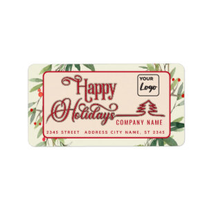 Modern Happy Holidays red botanical holly logo Label