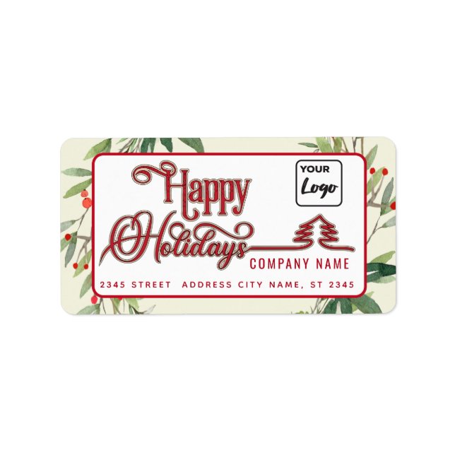 Modern Happy Holidays red botanical holly logo Label (Front)