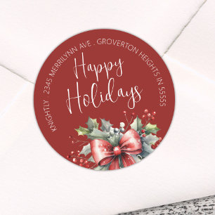 Modern HAPPY HOLIDAYS Red Bow Script Classic Round Sticker