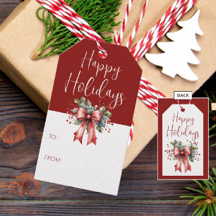 Modern HAPPY HOLIDAYS Red Bow TO FROM Gift Tags