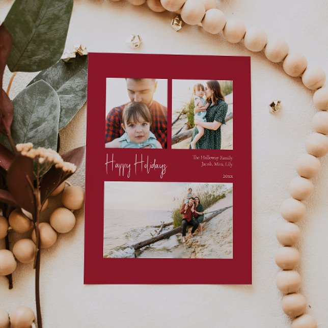 Modern Happy Holidays | Red Centred Three-Photo Holiday Card (Creator Uploaded)