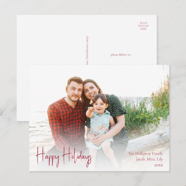 Modern Happy Holidays | Red Full Photo Holiday Postcard (Front/Back)